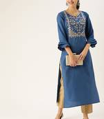 Women Blue & Beige Embroidered Straight Kurta