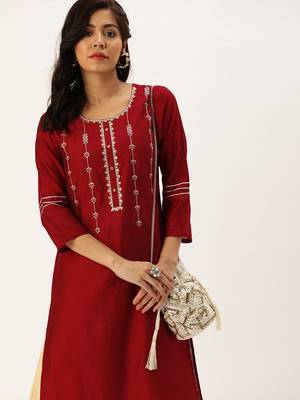 Women Red & Silver Toned Embroidered Straight Kurta 2