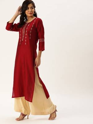 Women Red & Silver Toned Embroidered Straight Kurta 3