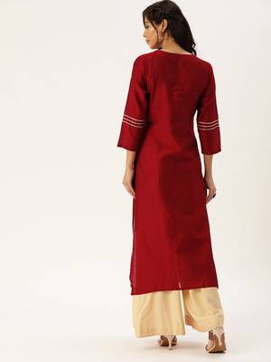 Women Red & Silver Toned Embroidered Straight Kurta 4