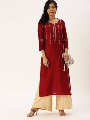 Women Red & Silver Toned Embroidered Straight Kurta 1