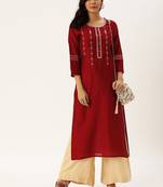 Women Red & Silver Toned Embroidered Straight Kurta