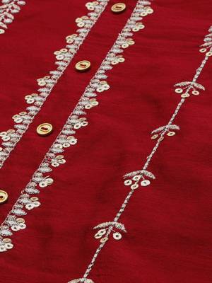 Women Red & Silver Toned Embroidered Straight Kurta 5
