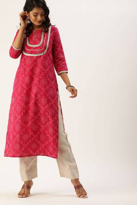Women Fuchsia Pink & White Bandhani Printed Straight Kurta With Zari Detailing 1