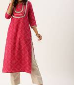 Women Fuchsia Pink & White Bandhani Printed Straight Kurta With Zari Detailing