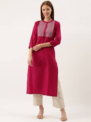 Women Pink & Silver Toned Embroidered Straight Kurta 1