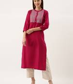Women Pink & Silver Toned Embroidered Straight Kurta