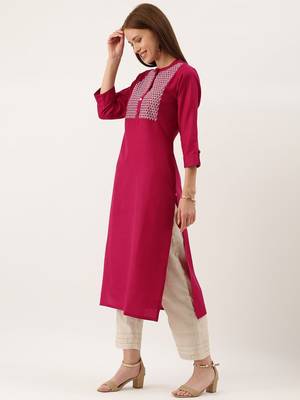 Women Pink & Silver Toned Embroidered Straight Kurta 2