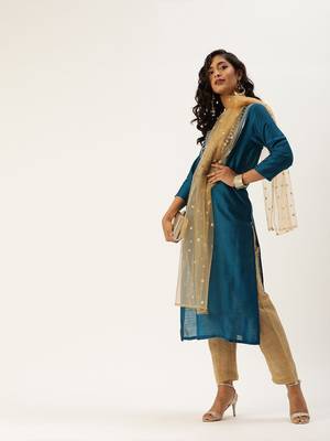 Women Teal Blue & Beige Sequined Yoke Design Kurta With Trousers & Dupatta 1