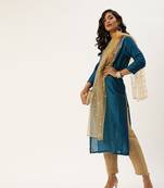 Women Teal Blue & Beige Sequined Yoke Design Kurta With Trousers & Dupatta
