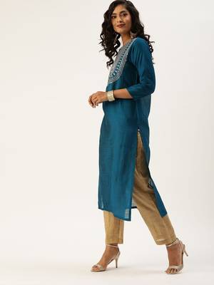 Women Teal Blue & Beige Sequined Yoke Design Kurta With Trousers & Dupatta 2