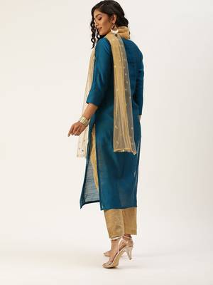 Women Teal Blue & Beige Sequined Yoke Design Kurta With Trousers & Dupatta 3
