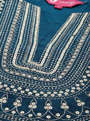 Women Teal Blue & Beige Sequined Yoke Design Kurta With Trousers & Dupatta 4