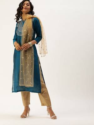 Women Teal Blue & Beige Sequined Yoke Design Kurta With Trousers & Dupatta 5