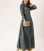 Women Teal Blue & Gold Toned Foil Printed A Line Kurta