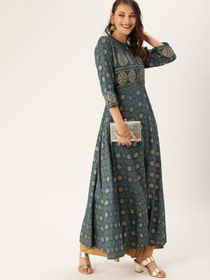 Women Teal Blue & Gold Toned Foil Printed A Line Kurta 2