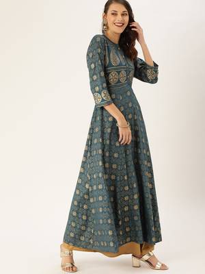 Women Teal Blue & Gold Toned Foil Printed A Line Kurta 3