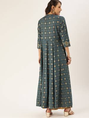 Women Teal Blue & Gold Toned Foil Printed A Line Kurta 5