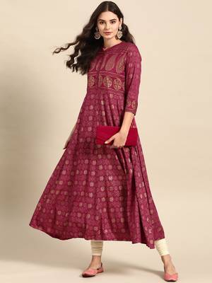 Women Magenta & Golden Paisley Printed A Line Kurta 1