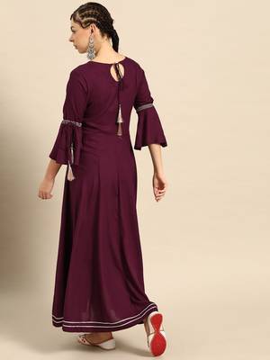 women burgundy silver yoke embroidered bell sleeves zari work anarkali kurta 1