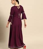 women burgundy silver yoke embroidered bell sleeves zari work anarkali kurta