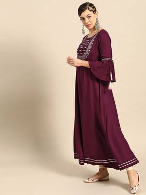 women burgundy silver yoke embroidered bell sleeves zari work anarkali kurta 2
