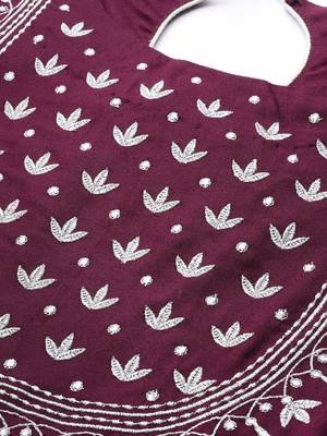 women burgundy silver yoke embroidered bell sleeves zari work anarkali kurta 3
