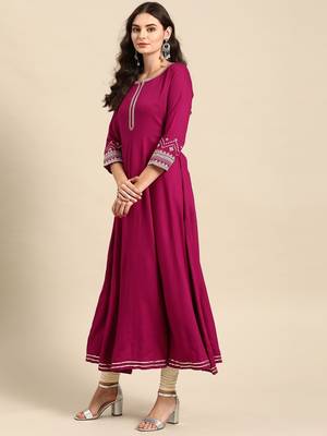 Women Magenta Pink Embroidered Anarkali Kurta 2