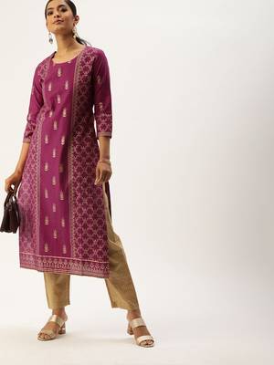 Women Magenta Pink & Gold Toned Foil Printed Straight Kurta 1