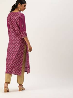 Women Magenta Pink & Gold Toned Foil Printed Straight Kurta 3