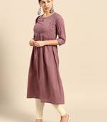 Women Mauve Sequinned Pure Cotton Gathered Keyhole Neck Kurta With Zari Work