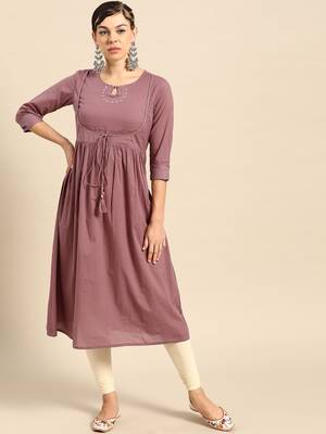Women Mauve Sequinned Pure Cotton Gathered Keyhole Neck Kurta With Zari Work 2