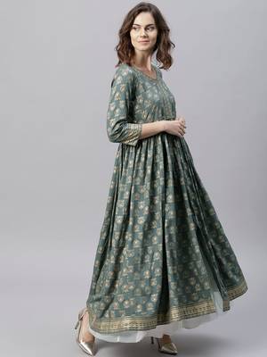 Women Green & Golden Printed Anarkali Kurta 1