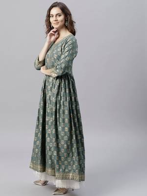 Women Green & Golden Printed Anarkali Kurta 2
