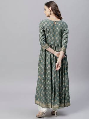 Women Green & Golden Printed Anarkali Kurta 3
