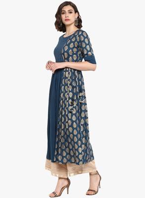 Women Teal Blue & Golden Printed A Line Kurta 1