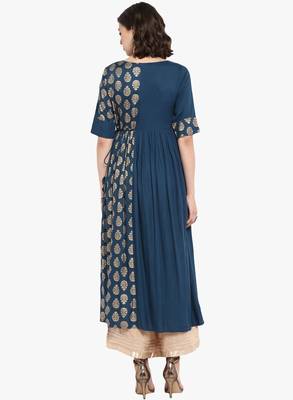 Women Teal Blue & Golden Printed A Line Kurta 2