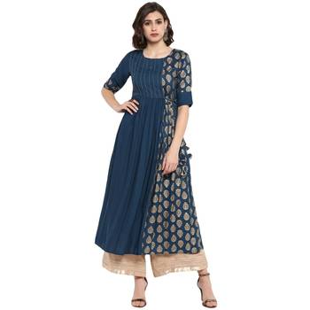 Women Teal Blue & Golden Printed A Line Kurta 3