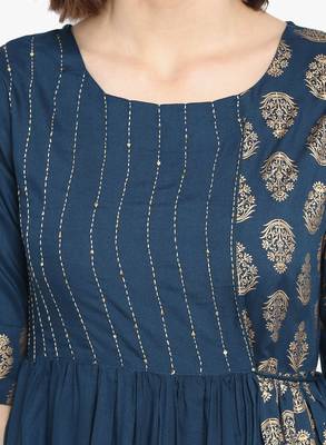 Women Teal Blue & Golden Printed A Line Kurta 4