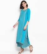 Women Blue & Golden Printed Straight Kurta