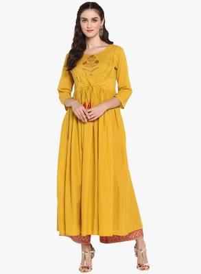 Mustard Embroidered A Line Kurta 2