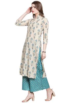 Women Beige & Blue Floral Print Straight Kurta 1