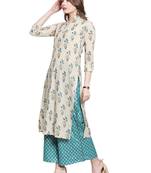 Women Beige & Blue Floral Print Straight Kurta