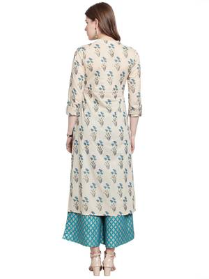 Women Beige & Blue Floral Print Straight Kurta 2