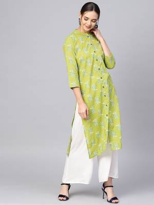 Women Green Printed Straight Kurta 4