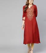 Women Maroon Foil Print Yoke Design Straight Kurta