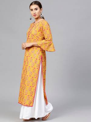 Women Mustard Yellow & Magenta Printed Straight Kurta 2
