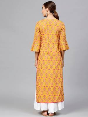 Women Mustard Yellow & Magenta Printed Straight Kurta 3