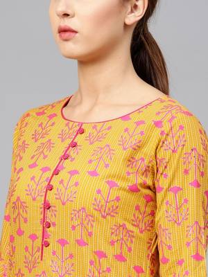 Women Mustard Yellow & Magenta Printed Straight Kurta 4
