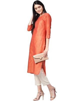 Women Coral Orange Self Striped Handloom Straight Kurta 1
